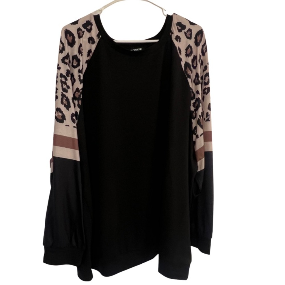 BloomChic Black Top with Leopard Print Sleeves